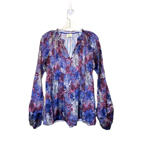 Elie Tahari Floral Pleated V-Neck Blouson Sleeve Peasant Blouse Women Size Large - Picture 1 of 9